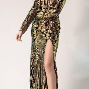 Vestido negro con chaquira sin espalda manga larga talla M