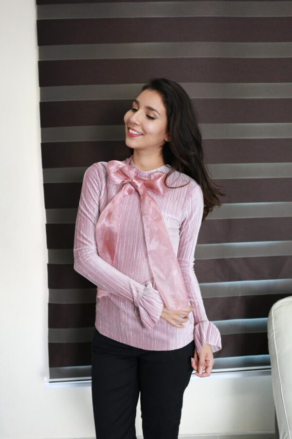 BL-35 BLUSA ROSA DE TERCIOPELO CON MOÑO EN CUELLO (CH)